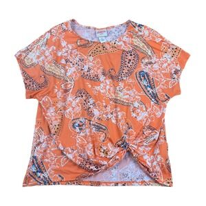 Ruby Rd Favorites Orange Paisley Twist Front Short Sleeve Top Women PS 173